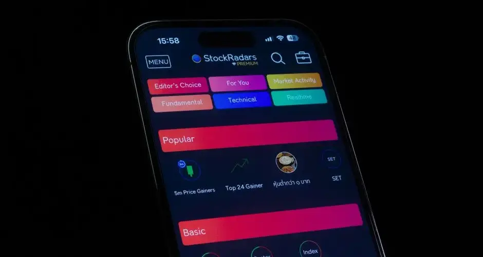Close-up of a smartphone displaying a financial stock trading app interface.