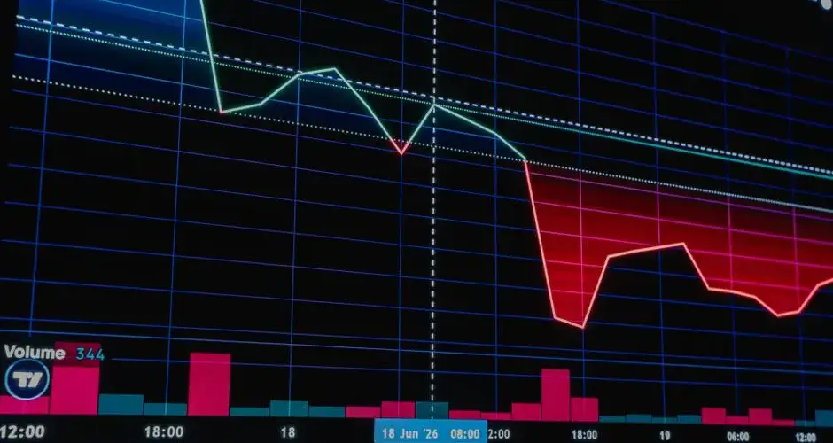 Close-up of a financial chart displaying a significant market downtrend with red and green candlesticks.