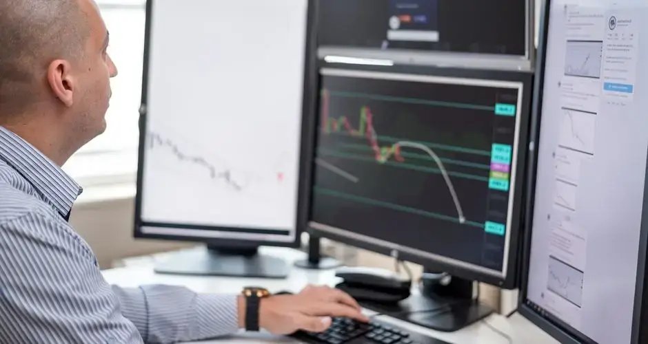 Stock trader analyzing financial graphs on multiple computer monitors in an office setting.