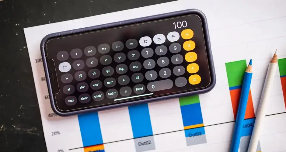 Mobile calculator on paper charts indicating financial analysis with colorful data visualization.