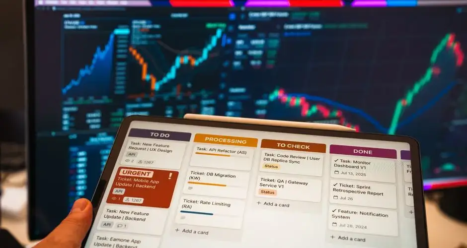 Tablet with business task management app in front of stock chart monitors.