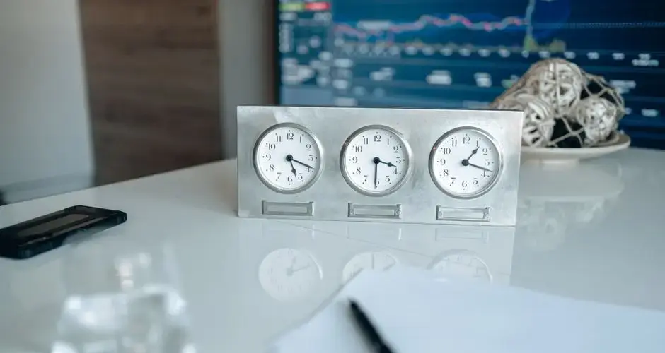 Professional workspace featuring three clocks and financial data on screen.